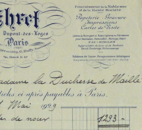 Duchess of Maillé Print Shop Receipt, 1929-detail-10573M