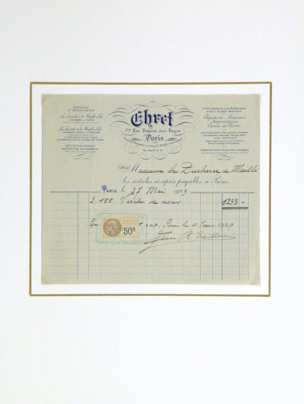 Duchess of Maillé Print Shop Receipt, 1929-matted-10573M