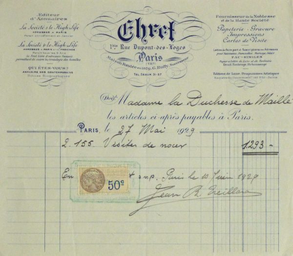Duchess of Maillé Print Shop Receipt, 1929-main-10573M
