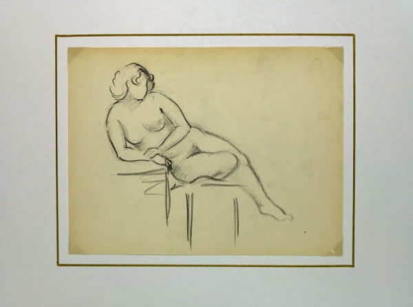 Charcoal Drawing - Reclining Nude, Circa 1930-matted-6049G