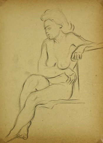 Charcoal Drawing - Female Nude Kneeling, Circa 1930-main-6056G