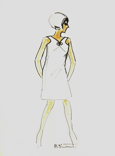 Modern White Dress Fashion Sketch, Circa 1960-main-7144G Modern White Dress Fashion Sketch, Circa 1960-main-7144G