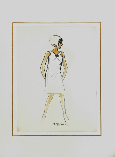 Modern White Dress Fashion Sketch, Circa 1960-matted-7144G Modern White Dress Fashion Sketch, Circa 1960-matted-7144G