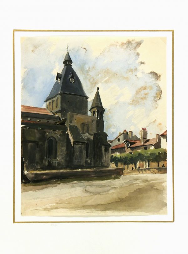 Watercolor Landscape - Church Facade, Circa 1940-matted-6672K