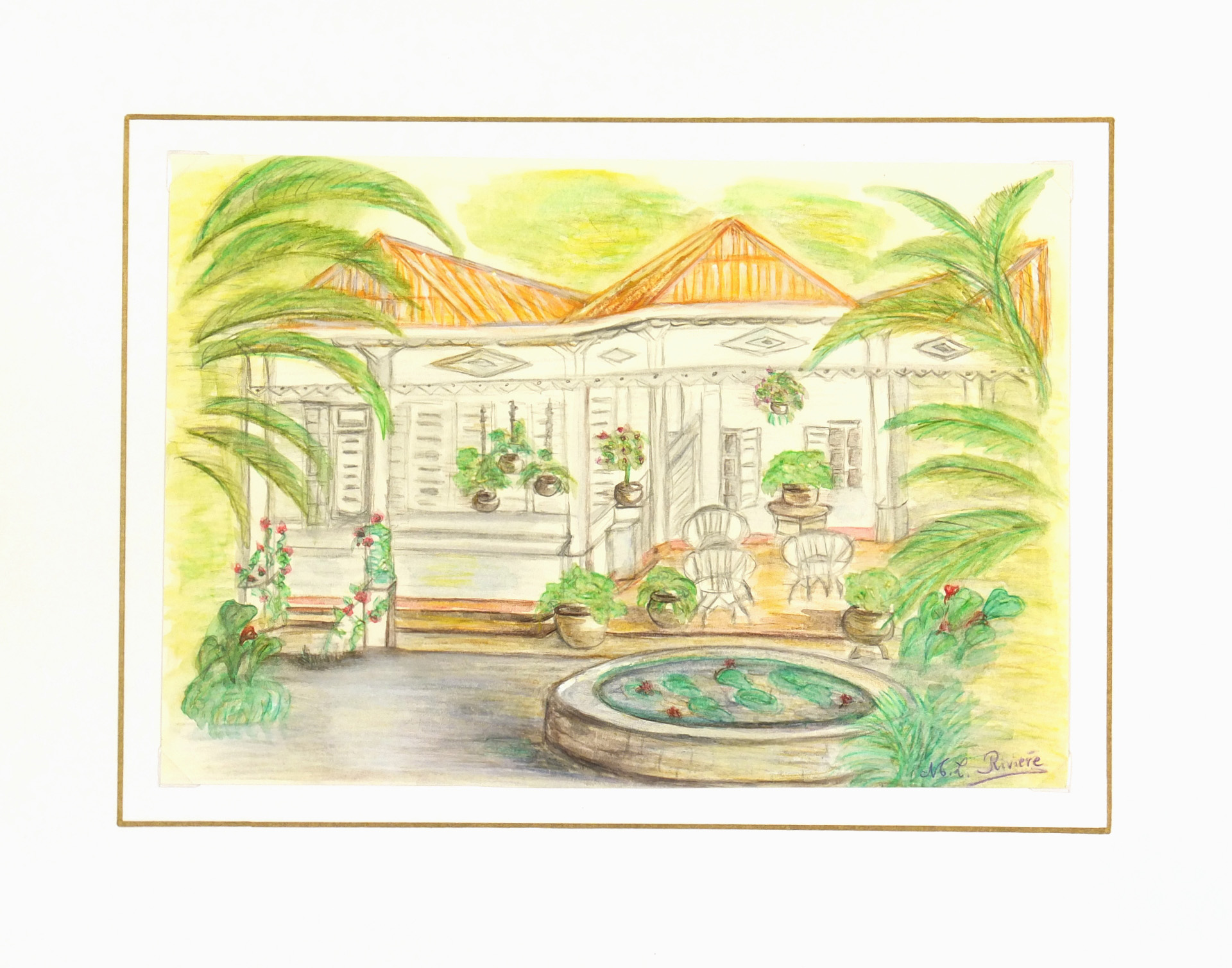 Watercolor Landscape - Island Retreat, Circa 1960-matted-7855K Watercolor Landscape - Island Retreat, Circa 1960-matted-7855K