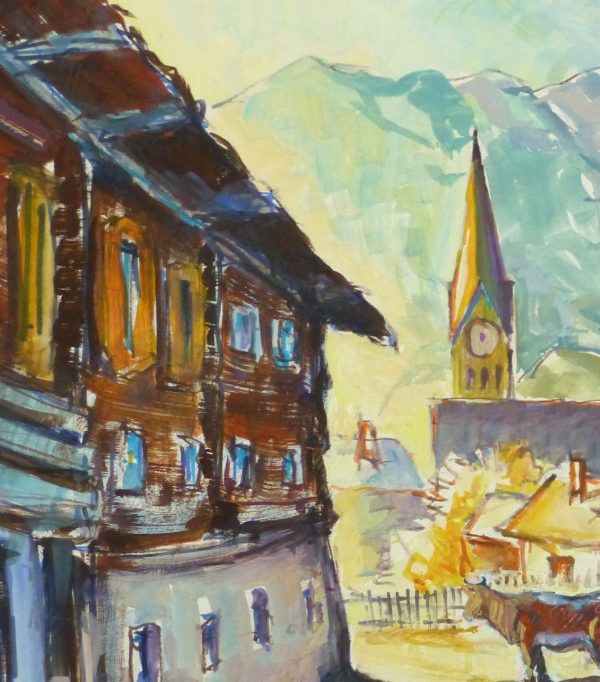 Watercolor Landscape - Rustic Mountain Town, Circa 1950-detail 2-10713M