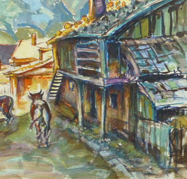 Watercolor Landscape - Rustic Mountain Town, Circa 1950-detail-10713M