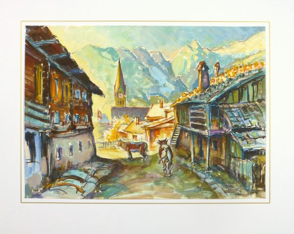 Watercolor Landscape - Rustic Mountain Town, Circa 1950-matted-10713M