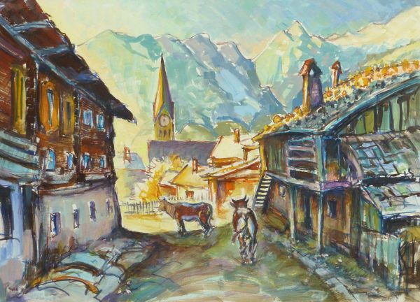 Watercolor Landscape - Rustic Mountain Town, Circa 1950-main-10713M