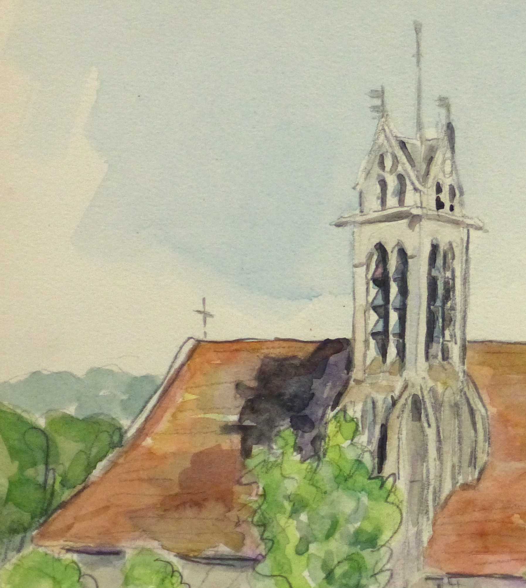 Watercolor Landscape - Rural Church, Circa 1930-detail 2-10738M Watercolor Landscape - Rural Church, Circa 1930-detail 2-10738M