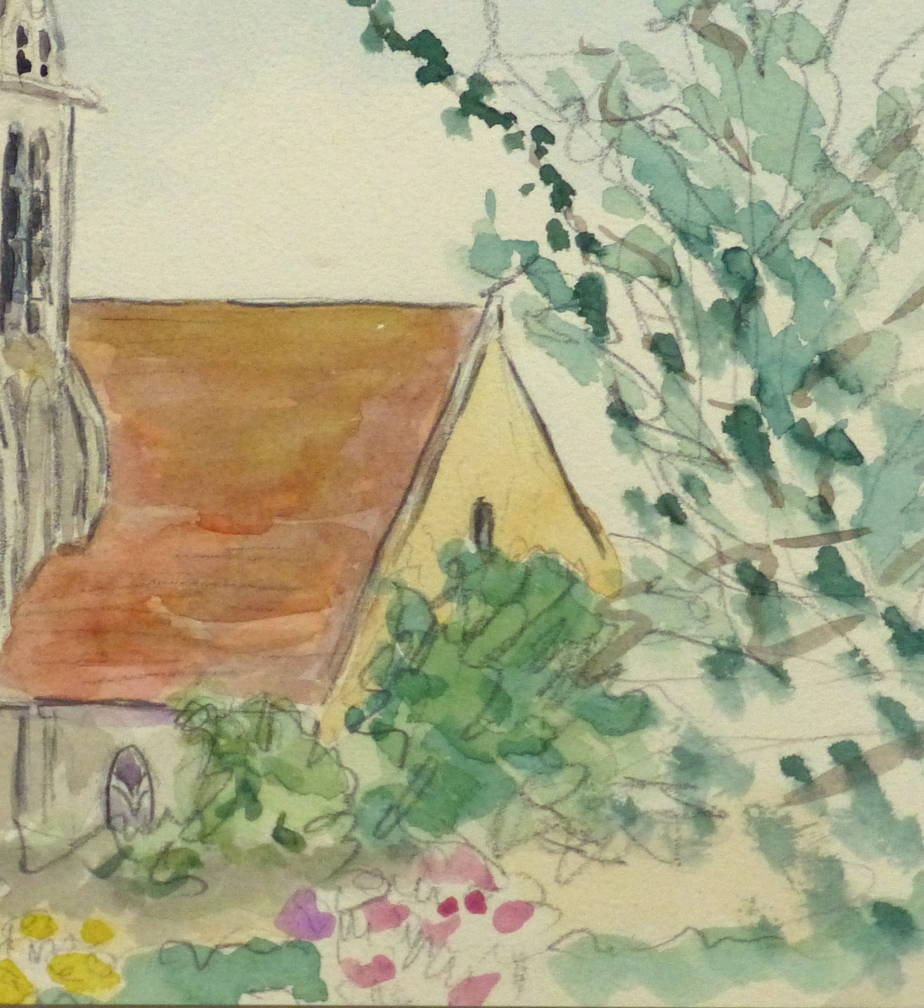 Watercolor Landscape - Rural Church, Circa 1930-detail-10738M Watercolor Landscape - Rural Church, Circa 1930-detail-10738M