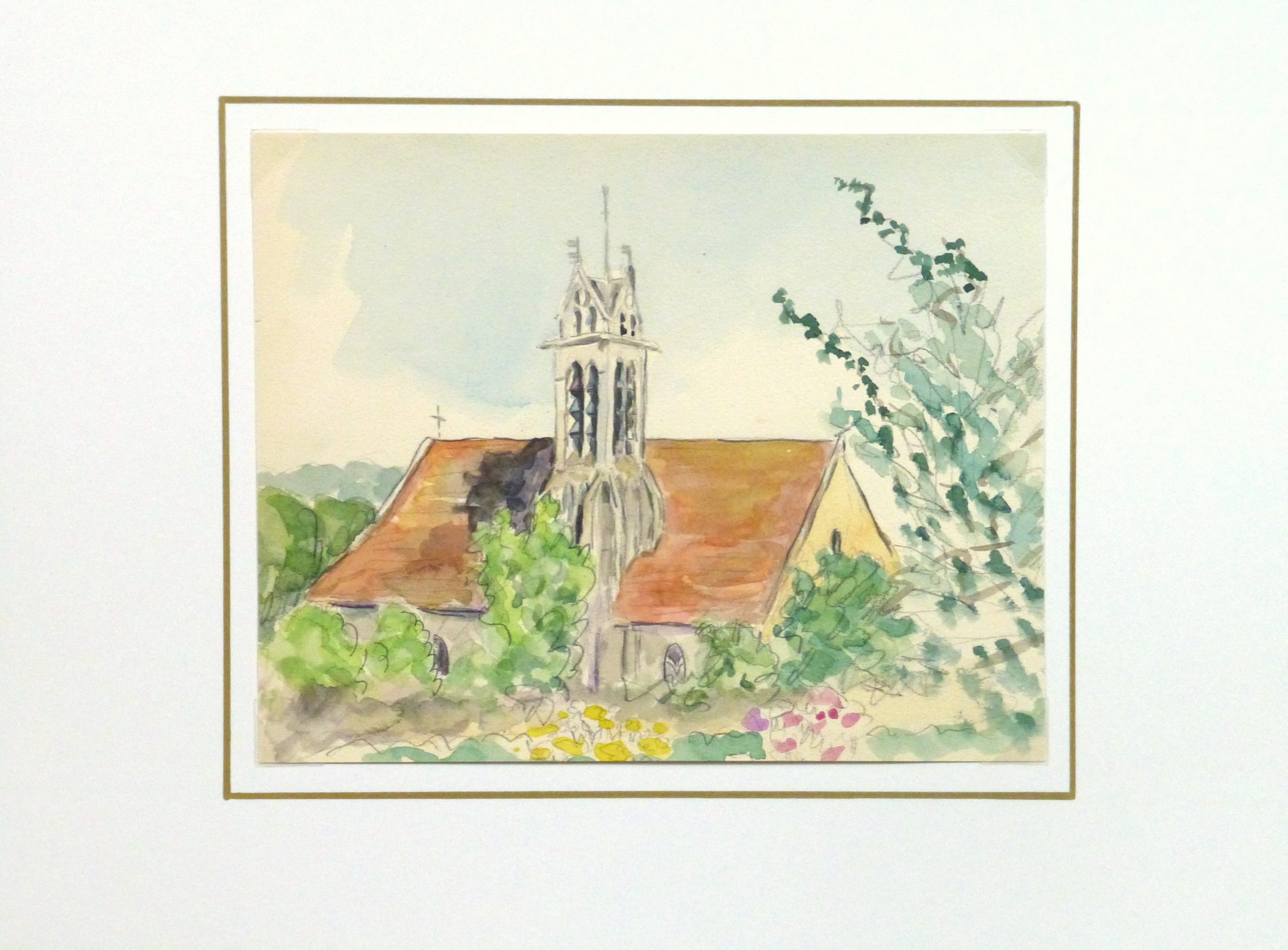 Watercolor Landscape - Rural Church, Circa 1930-matted-10738M Watercolor Landscape - Rural Church, Circa 1930-matted-10738M