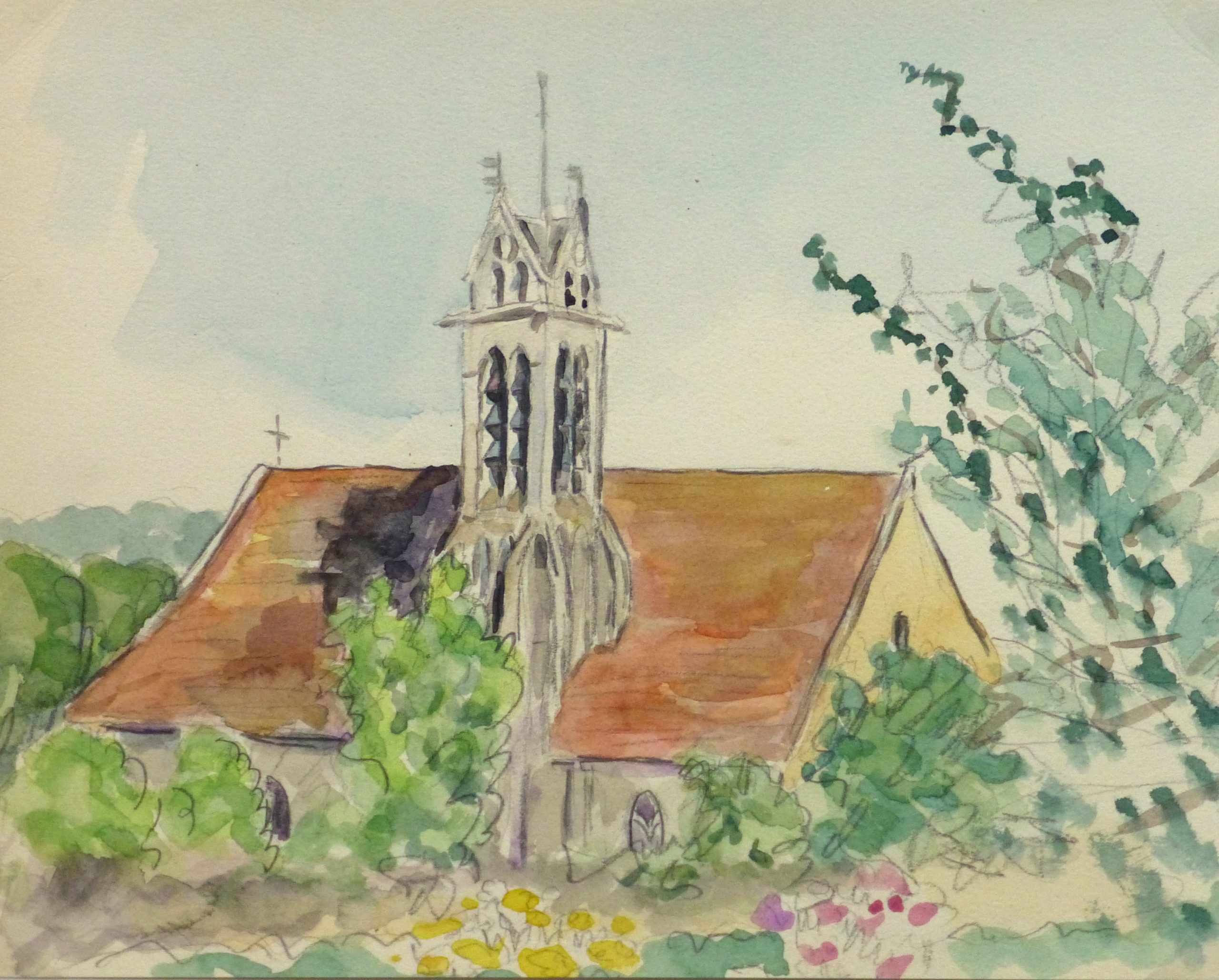 Watercolor Landscape - Rural Church, Circa 1930-main-10738M Watercolor Landscape - Rural Church, Circa 1930-main-10738M