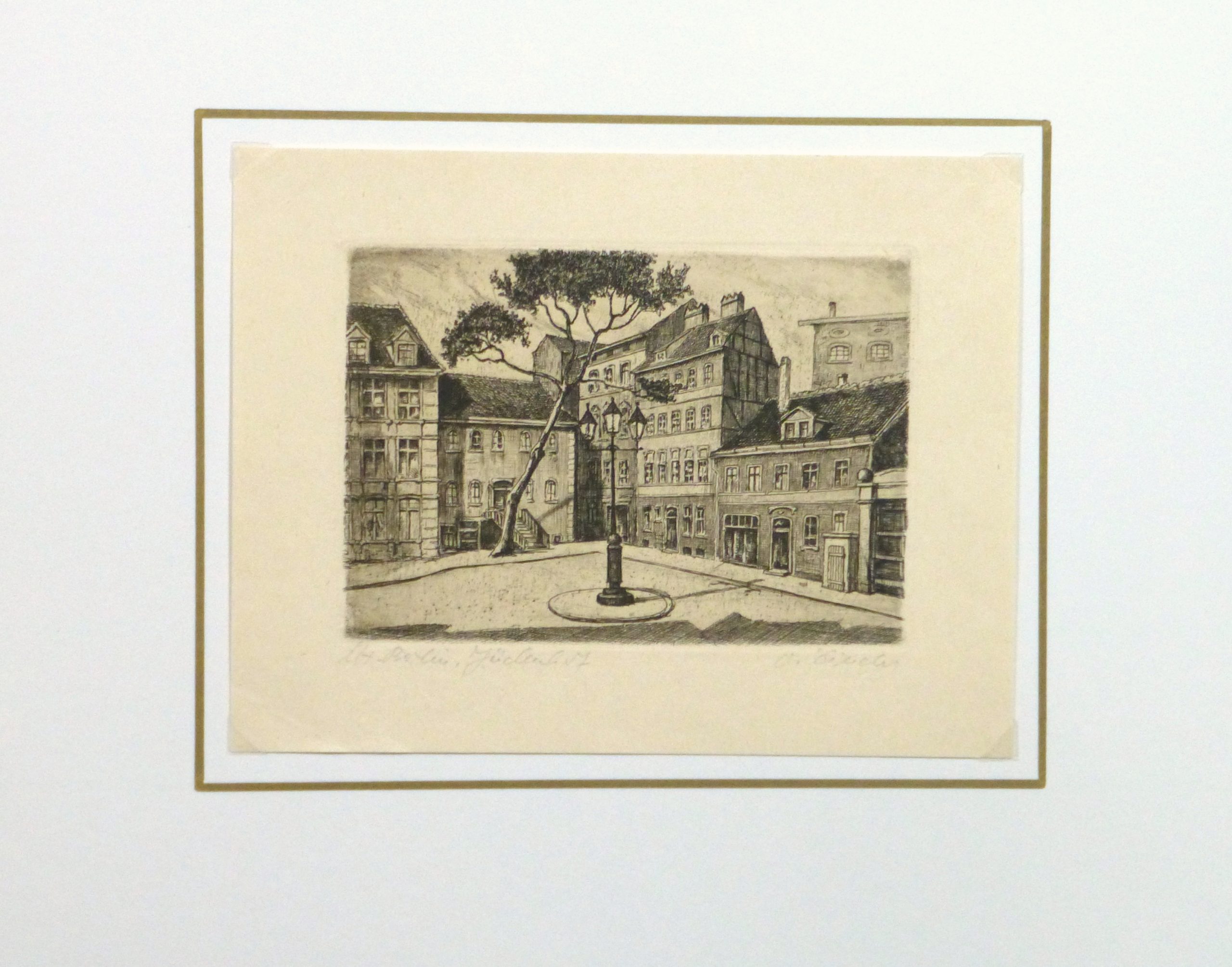 Aquatint - Town Center, Circa 1930-matted-10753M Aquatint - Town Center, Circa 1930-matted-10753M